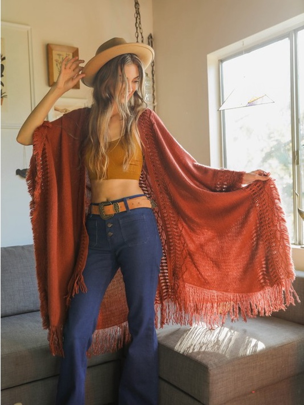 155.. Boho Knit Poncho Sweater - Burgundy Multi